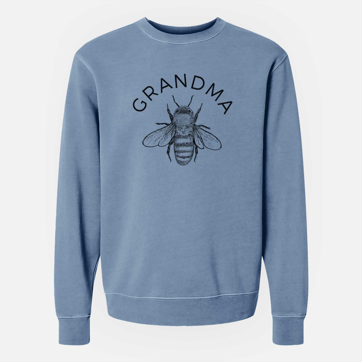 Slate blue pigment dyed crewneck sweatshirt laid flat, printed with a black ink honey bee beneath the word Grandma.