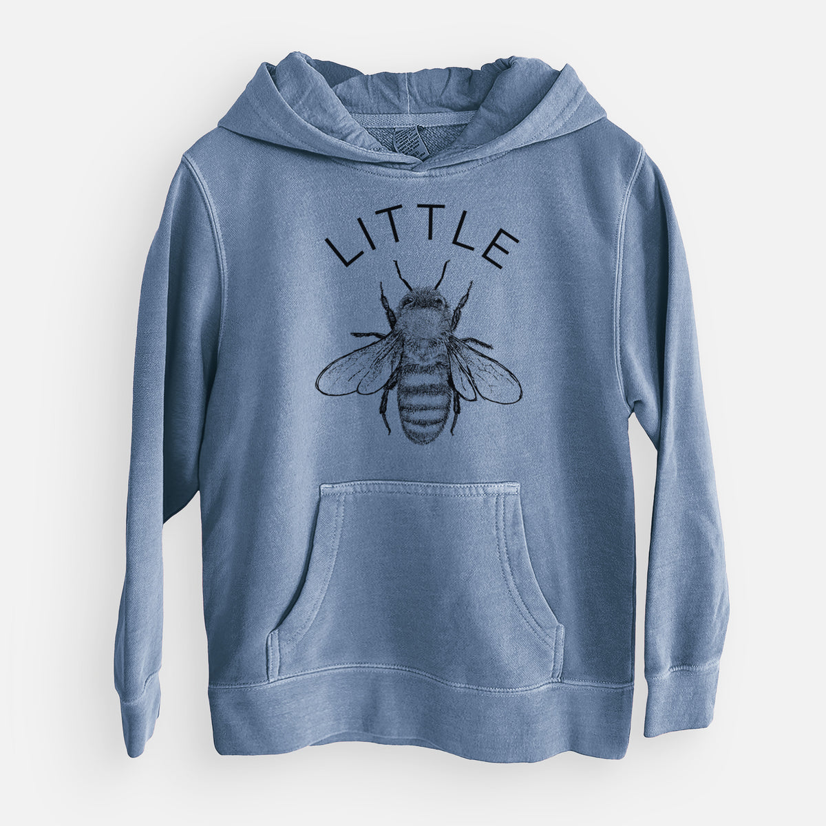 Slate blue youth pigment dyed hoodie laid flat, printed with a black ink honey bee beneath the word Little.