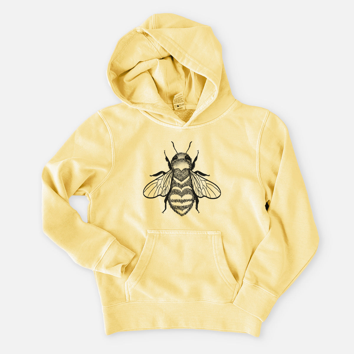 Pigment yellow youth pigment dyed hoodie laid flat, printed with a black ink bee with a heart pattern on its body.