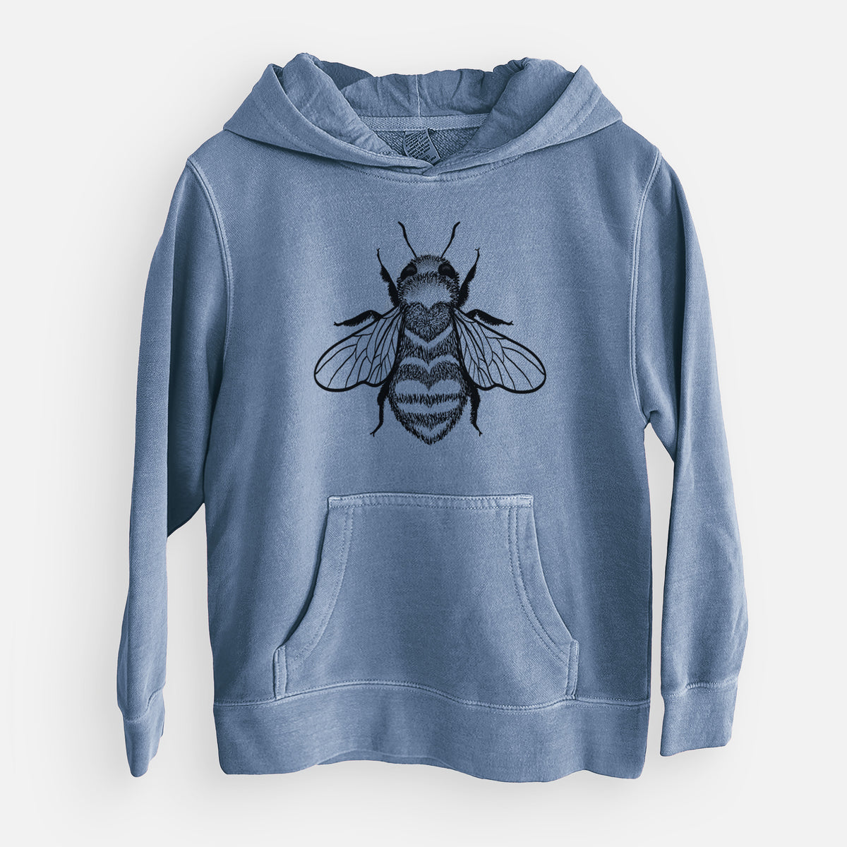 Slate blue youth pigment dyed hoodie laid flat, printed with a black ink bee with a heart pattern on its body.