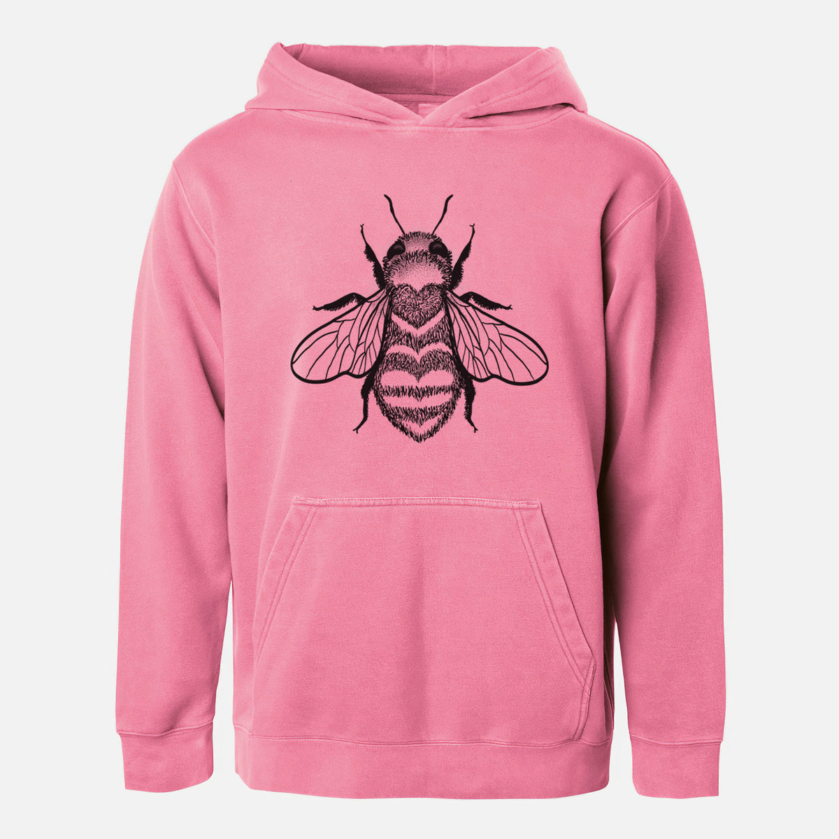 Pigment pink youth pigment dyed hoodie laid flat, printed with a black ink bee with a heart pattern on its body.