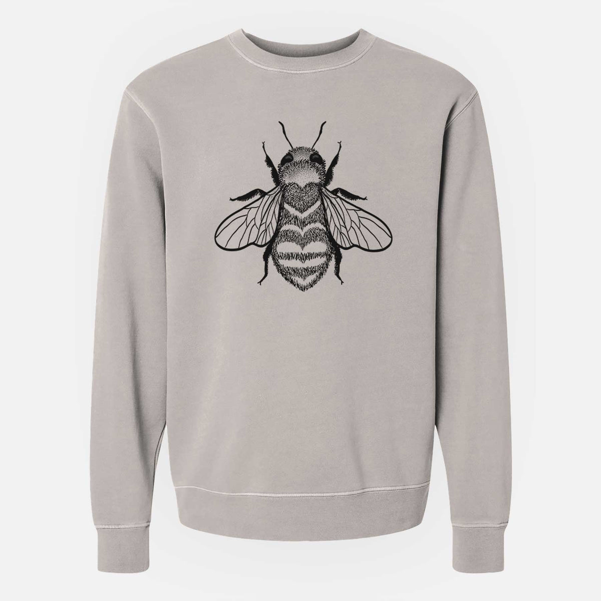 Cement grey pigment dyed crewneck sweatshirt laid flat, printed with a black ink bee with a heart pattern on its body.