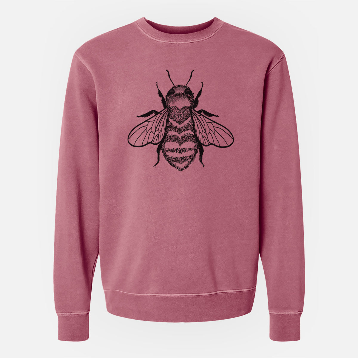 Maroon pigment dyed crewneck sweatshirt laid flat, printed with a black ink bee with a heart pattern on its body.