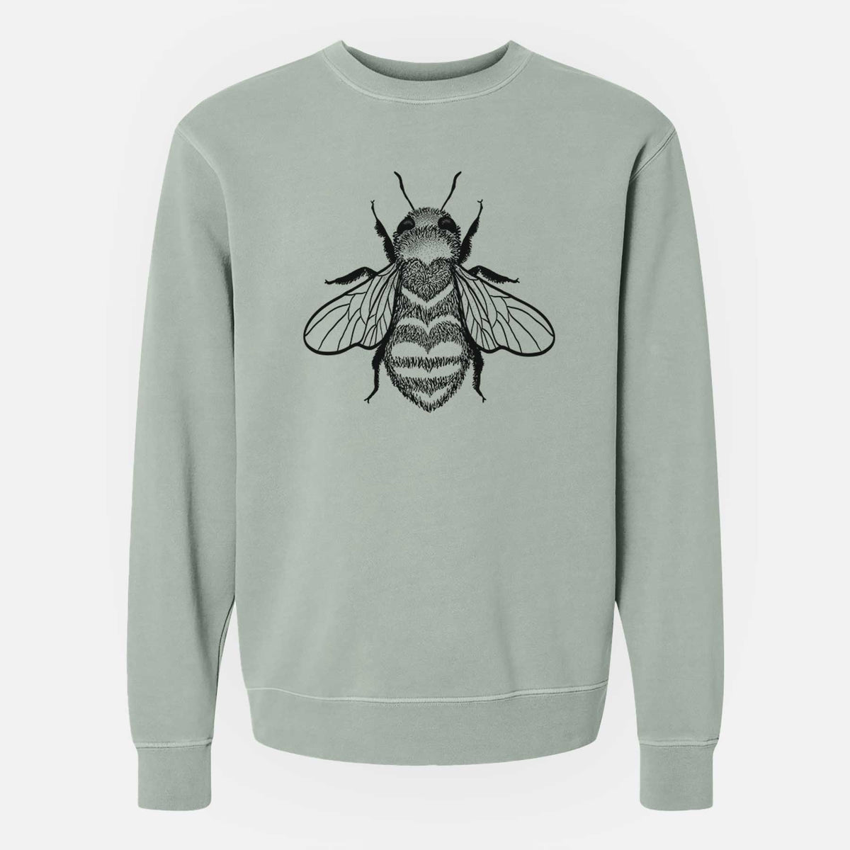 Sage green pigment dyed crewneck sweatshirt laid flat, printed with a black ink bee with a heart pattern on its body.