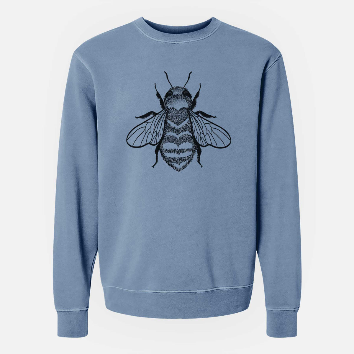Slate blue pigment dyed crewneck sweatshirt laid flat, printed with a black ink bee with a heart pattern on its body.