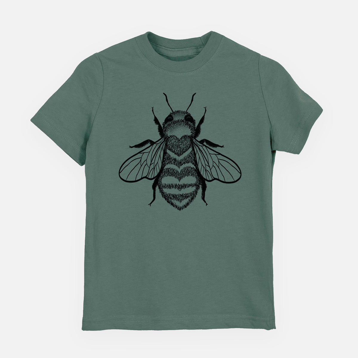 Basil green youth t-shirt laid flat, printed with a black ink bee with a heart pattern on its body.