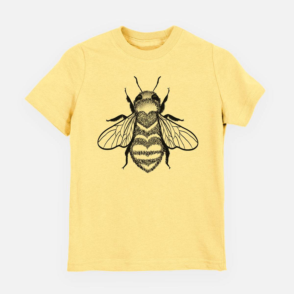 Butter yellow youth t-shirt laid flat, printed with a black ink bee with a heart pattern on its body.