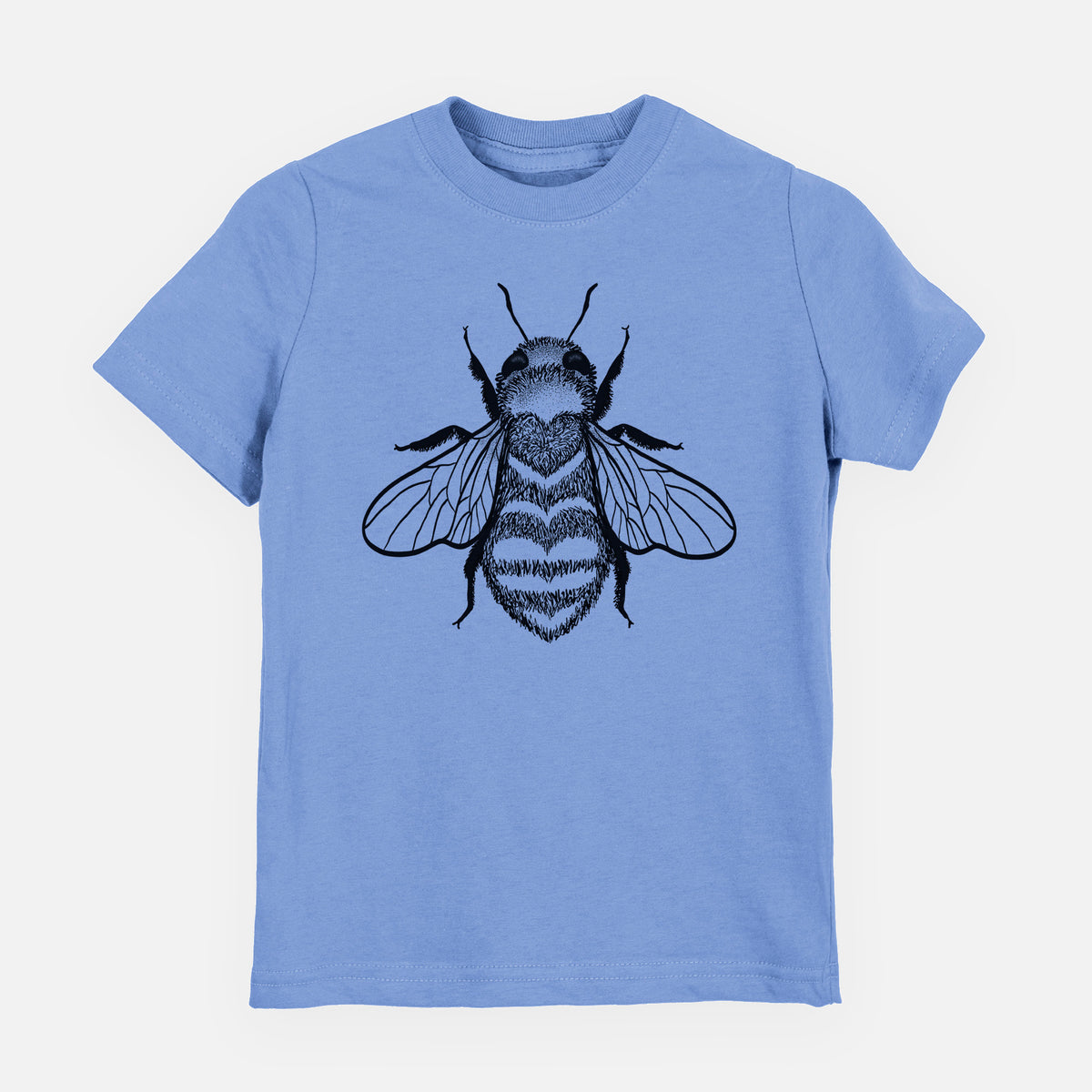 Carolina blue youth t-shirt laid flat, printed with a black ink bee with a heart pattern on its body.