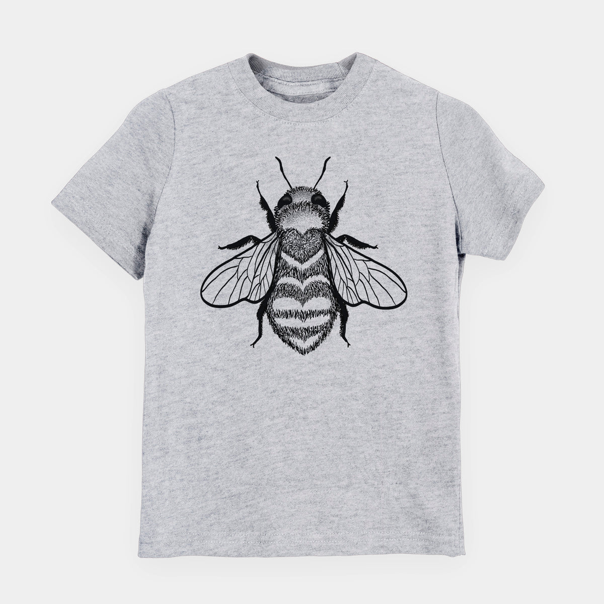 Heather grey youth t-shirt laid flat, printed with a black ink bee with a heart pattern on its body.