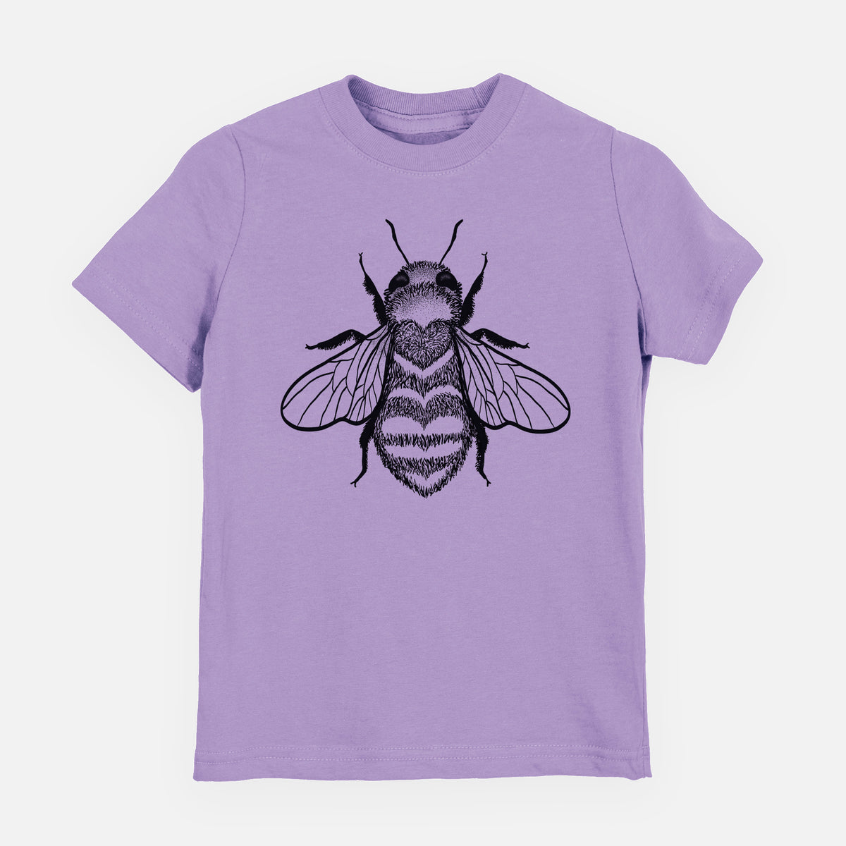 Lavender youth t-shirt laid flat, printed with a black ink bee with a heart pattern on its body.