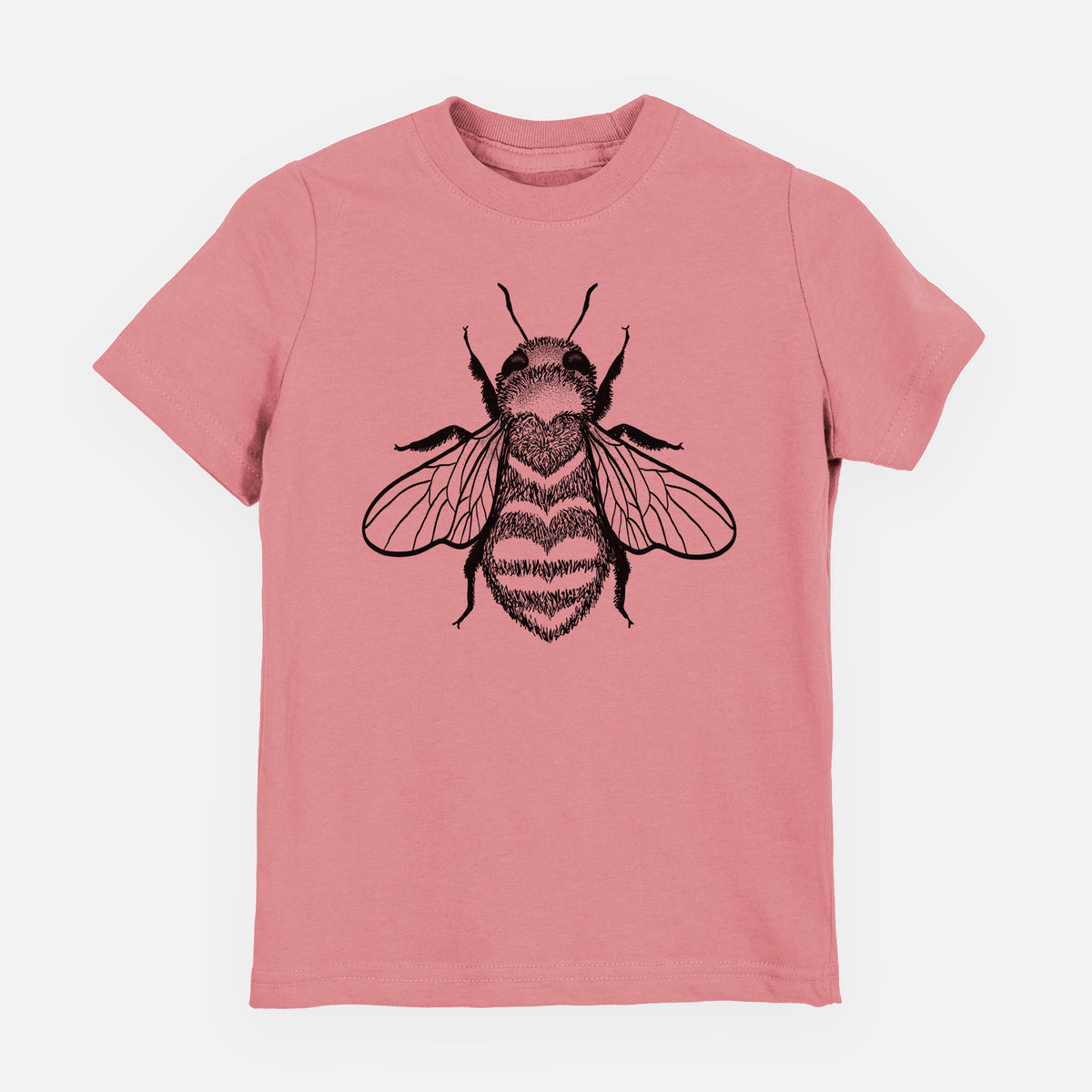 Mauve pink youth t-shirt laid flat, printed with a black ink bee with a heart pattern on its body.