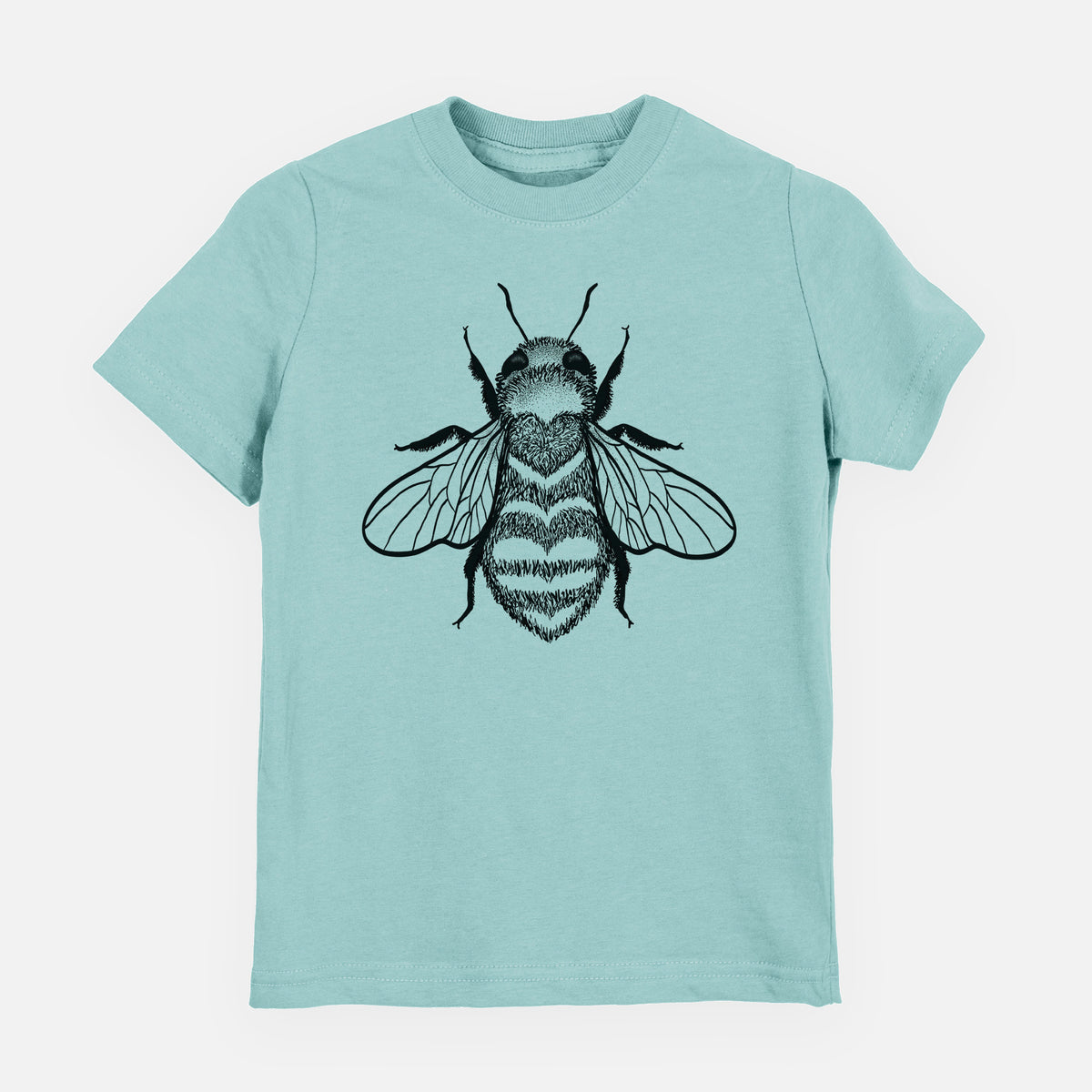 Saltwater youth t-shirt laid flat, printed with a black ink bee with a heart pattern on its body.
