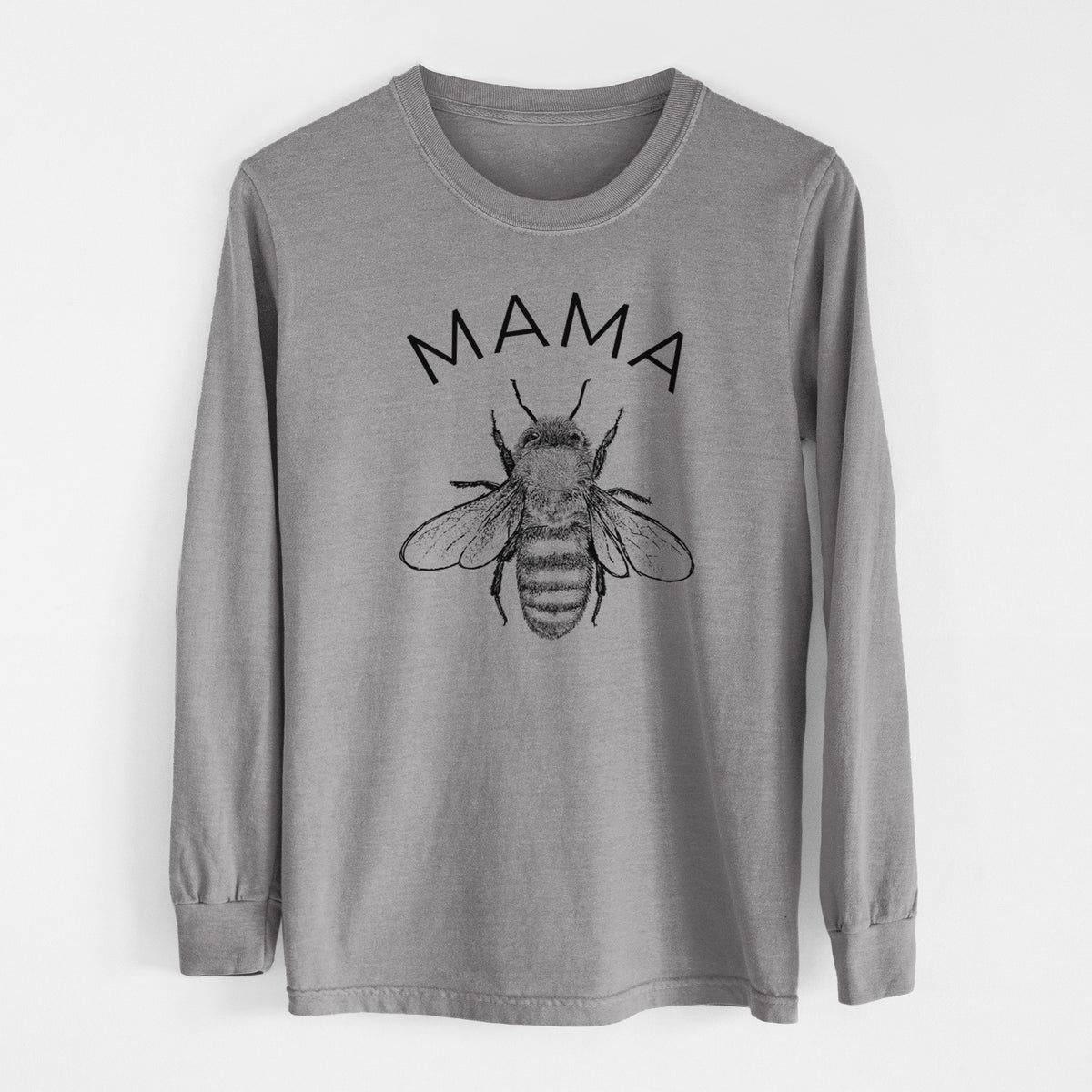 Grey Comfort Colors long sleeve shirt laid flat, printed with a black ink honey bee beneath the word Mama.
