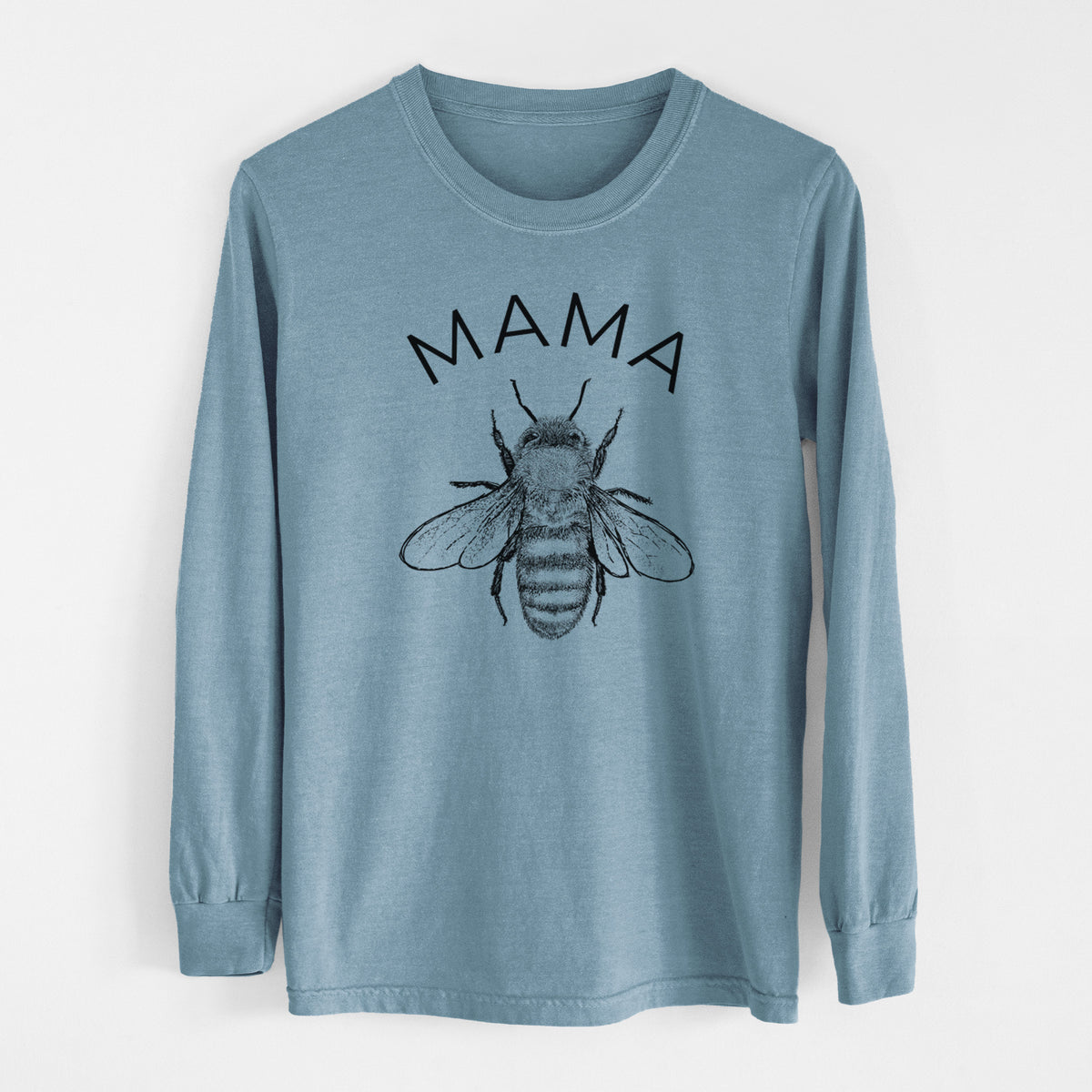 Steel blue Comfort Colors long sleeve shirt laid flat, printed with a black ink honey bee beneath the word Mama.