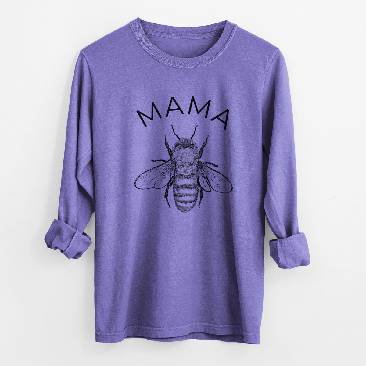 Violet purple Comfort Colors long sleeve shirt laid flat with the cuffs rolled, printed with a black ink honey bee beneath the word Mama.