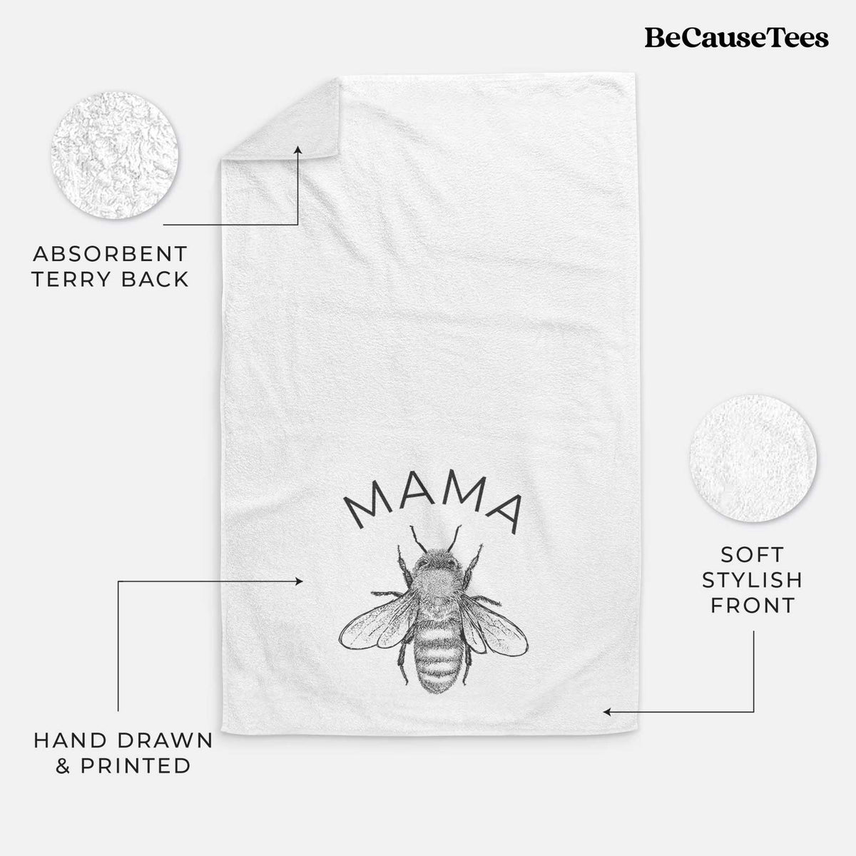 White hand towel printed with a black ink honey bee beneath the word Mama.