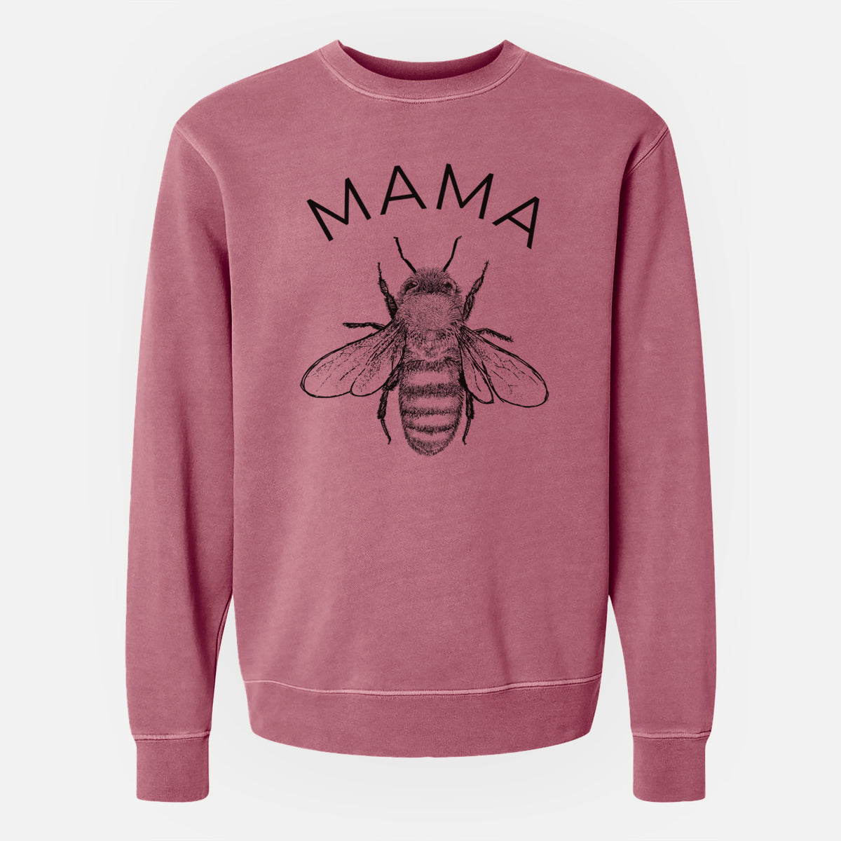 Maroon pigment dyed crewneck sweatshirt laid flat, printed with a black ink honey bee beneath the word Mama.