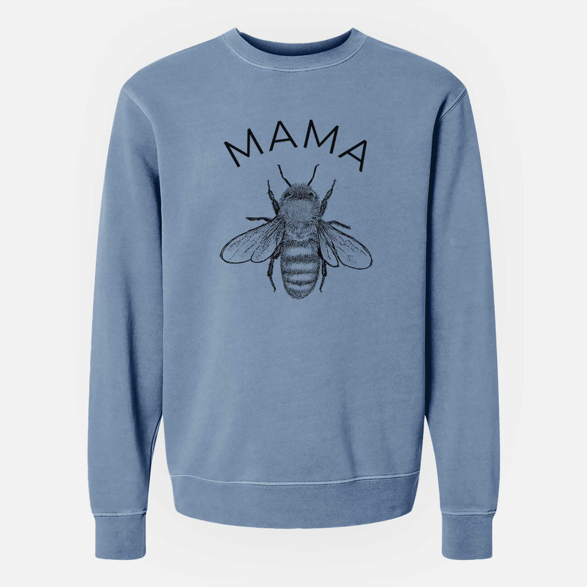 Slate blue pigment dyed crewneck sweatshirt laid flat, printed with a black ink honey bee beneath the word Mama.