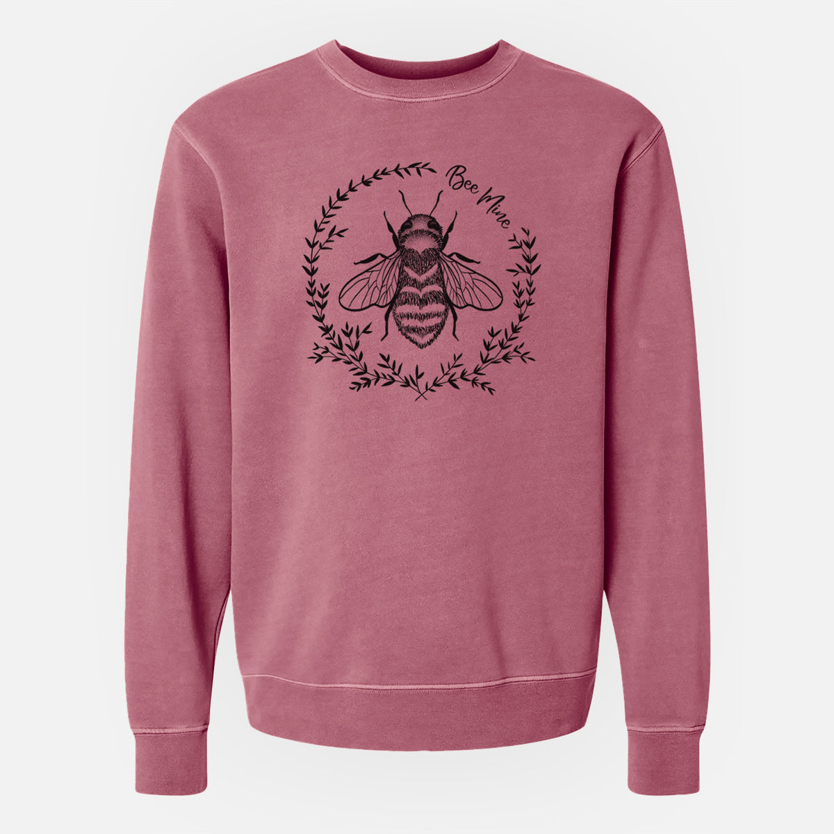 Maroon pigment dyed crewneck sweatshirt laid flat, printed with a black ink bee inside a wreath of leaves with the words Bee Mine.