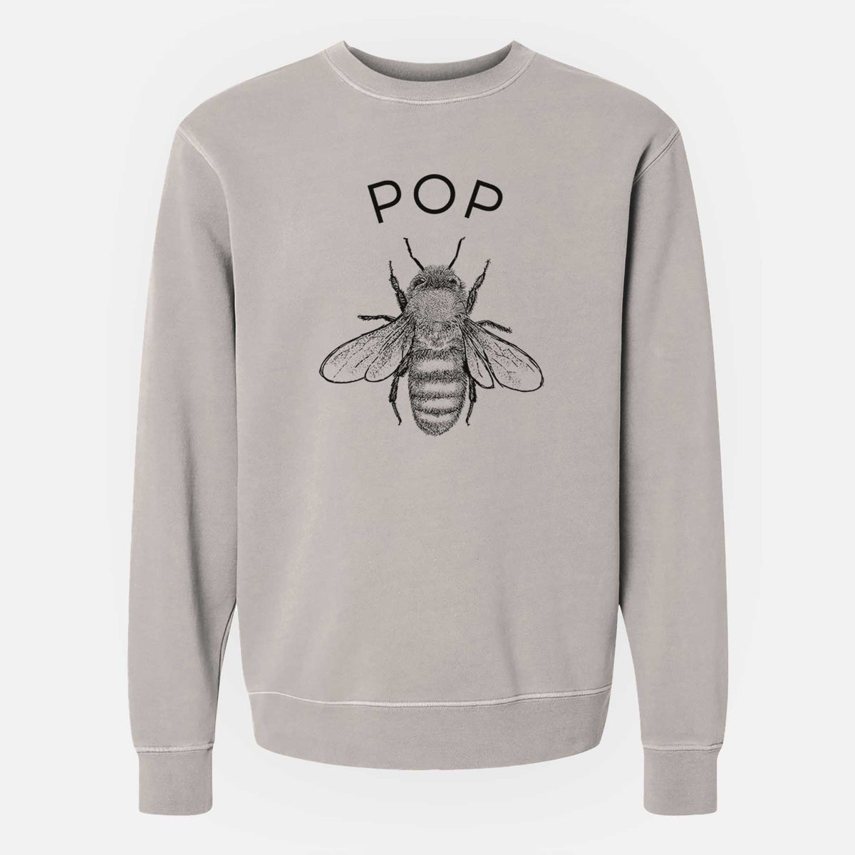 Cement grey pigment dyed crewneck sweatshirt laid flat, printed with a black ink honey bee beneath the word Pop.