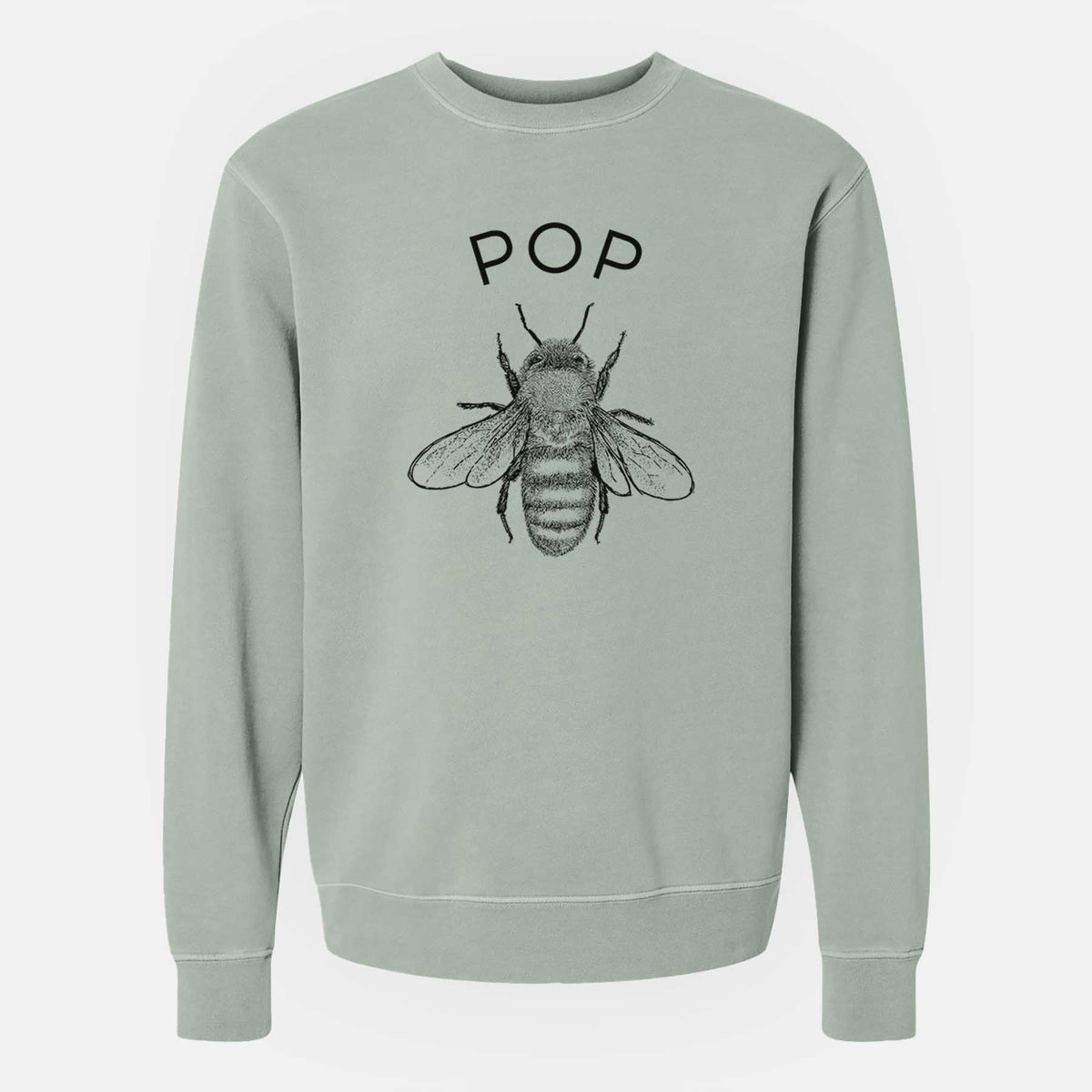 Sage green pigment dyed crewneck sweatshirt laid flat, printed with a black ink honey bee beneath the word Pop.