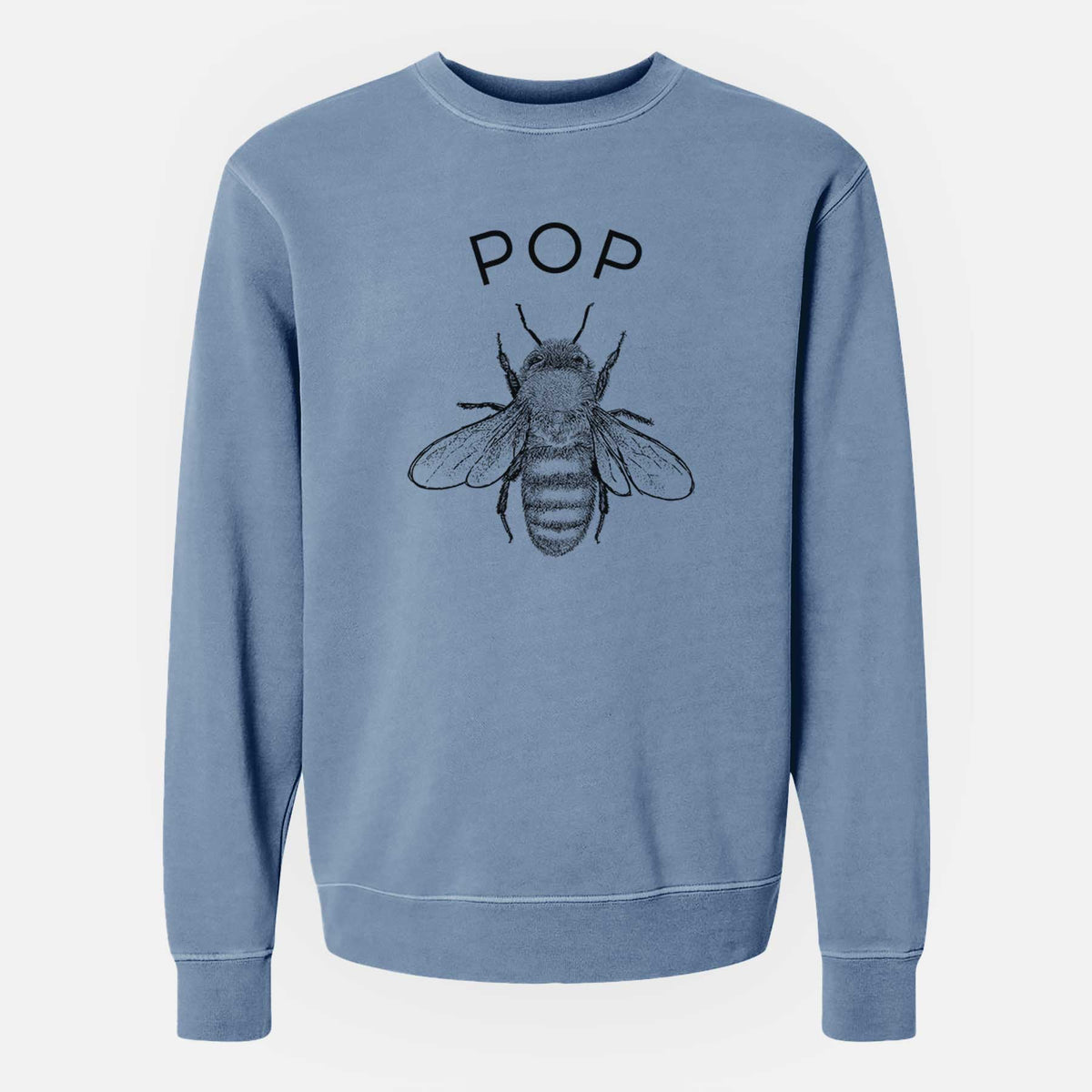 Slate blue pigment dyed crewneck sweatshirt laid flat, printed with a black ink honey bee beneath the word Pop.