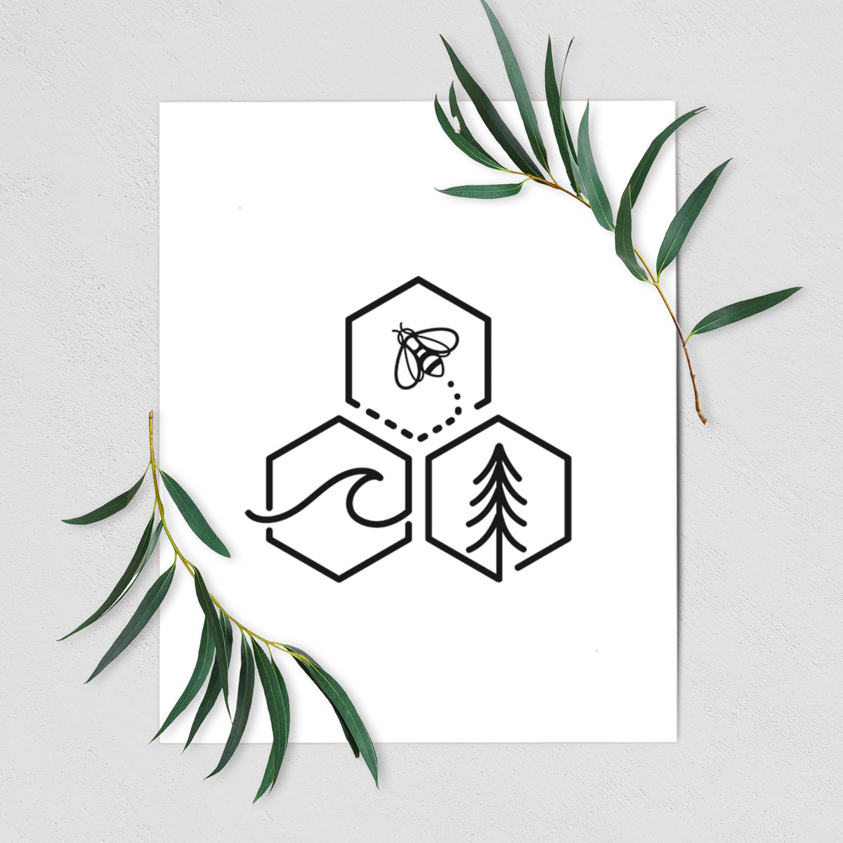 Art print of a black line art design of three hexagons holding a bee, an ocean wave and a pine tree, shown with eucalyptus leaves.