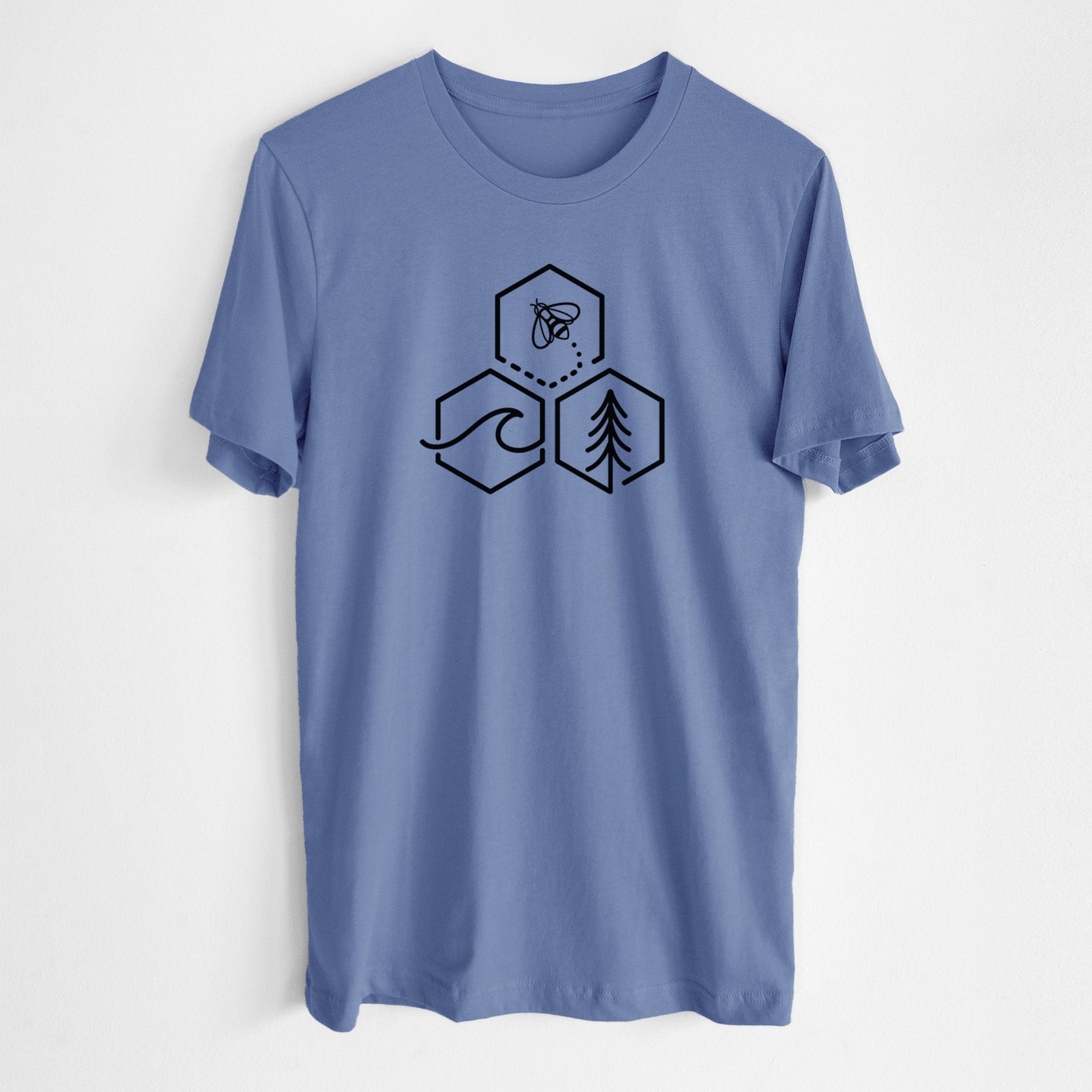 Blue bell lightweight cotton t-shirt laid flat, printed with a black line art design of three hexagons holding a bee, an ocean wave and a pine tree.