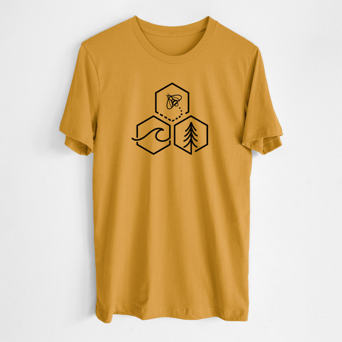 Honeycomb yellow lightweight cotton t-shirt laid flat, printed with a black line art design of three hexagons holding a bee, an ocean wave and a pine tree.