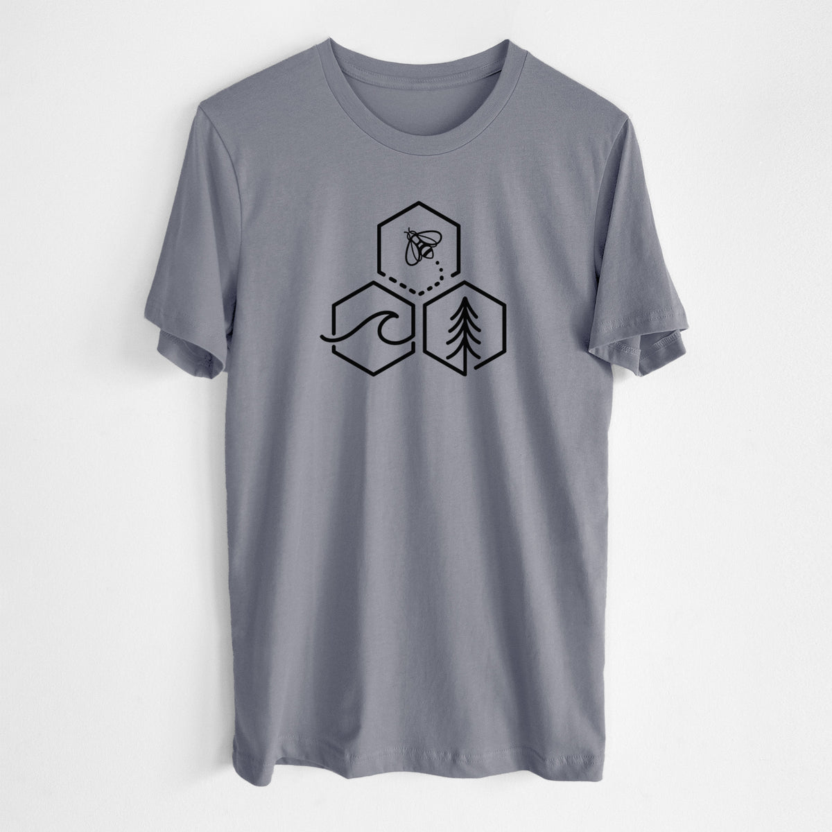 Storm grey lightweight cotton t-shirt laid flat, printed with a black line art design of three hexagons holding a bee, an ocean wave and a pine tree.
