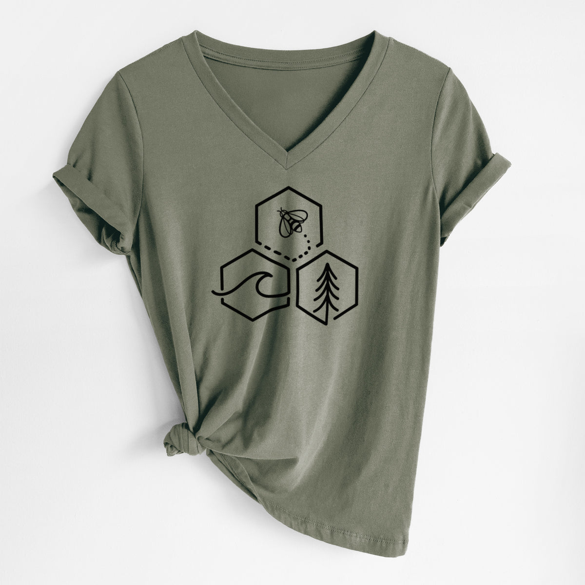 Military green women's relaxed fit cotton V-neck t-shirt laid flat, printed with a black line art design of three hexagons holding a bee, an ocean wave and a pine tree.