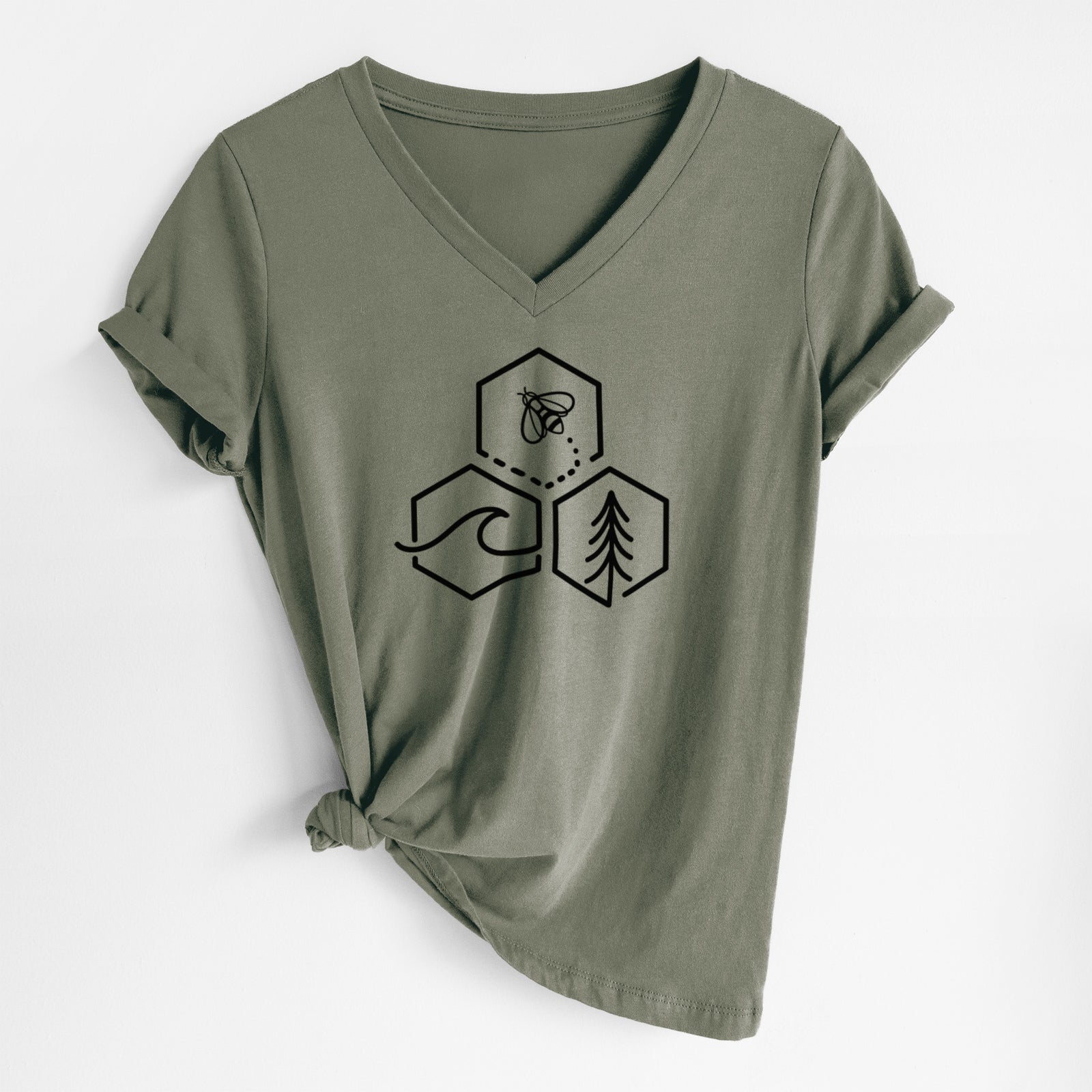 Military green women's relaxed fit cotton V-neck t-shirt laid flat, printed with a black line art design of three hexagons holding a bee, an ocean wave and a pine tree.
