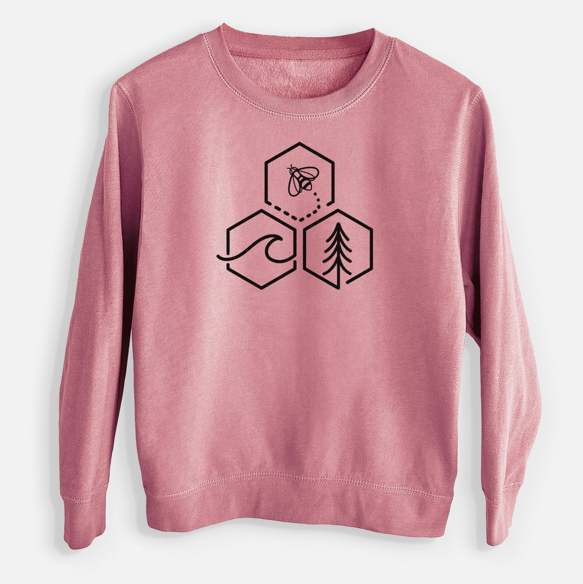 Mauve pink youth crewneck sweatshirt laid flat, printed with a black line art design of three hexagons holding a bee, an ocean wave and a pine tree.