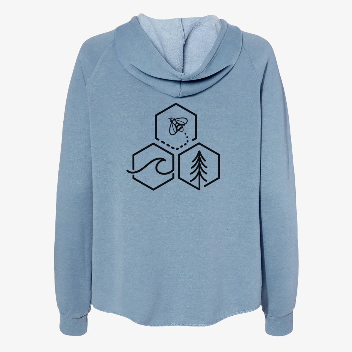 Misty blue women's Cali Wave zip-up sweatshirt laid flat, printed with a black line art design of three hexagons holding a bee, an ocean wave and a pine tree.