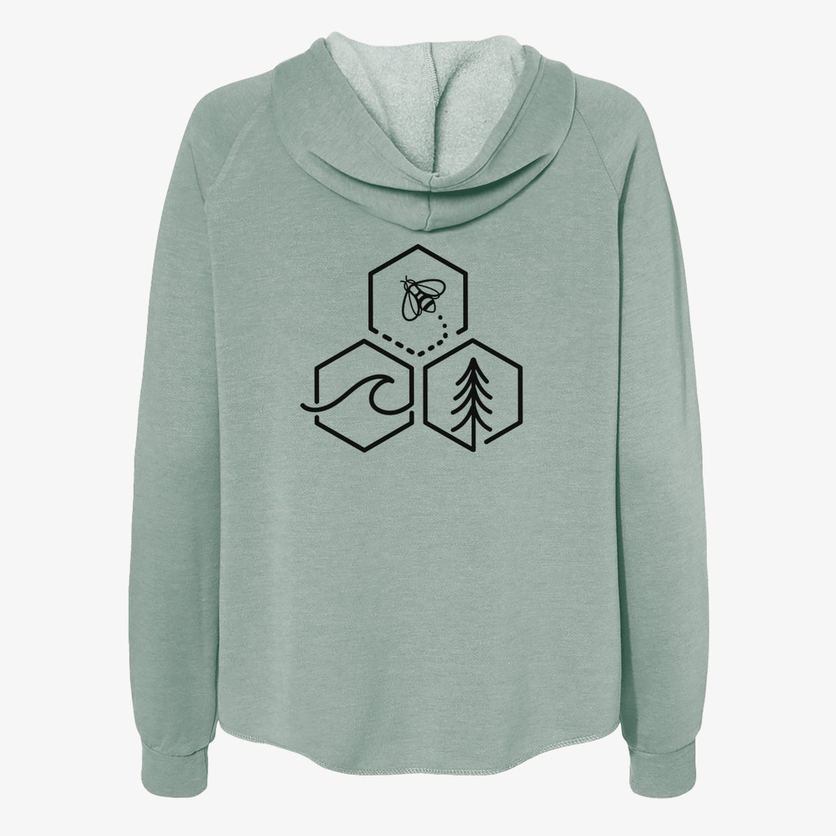Sage green women's Cali Wave zip-up sweatshirt laid flat, printed with a black line art design of three hexagons holding a bee, an ocean wave and a pine tree.