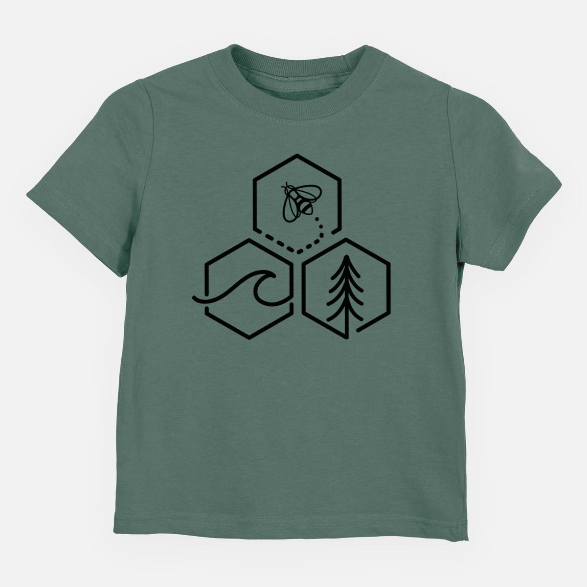 Basil green toddler t-shirt laid flat, printed with a black line art design of three hexagons holding a bee, an ocean wave and a pine tree.