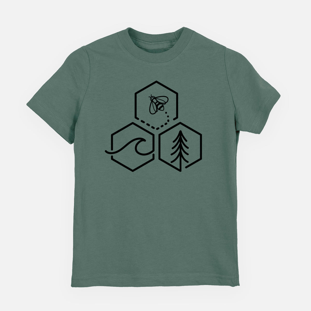 Basil green youth t-shirt laid flat, printed with a black line art design of three hexagons holding a bee, an ocean wave and a pine tree.