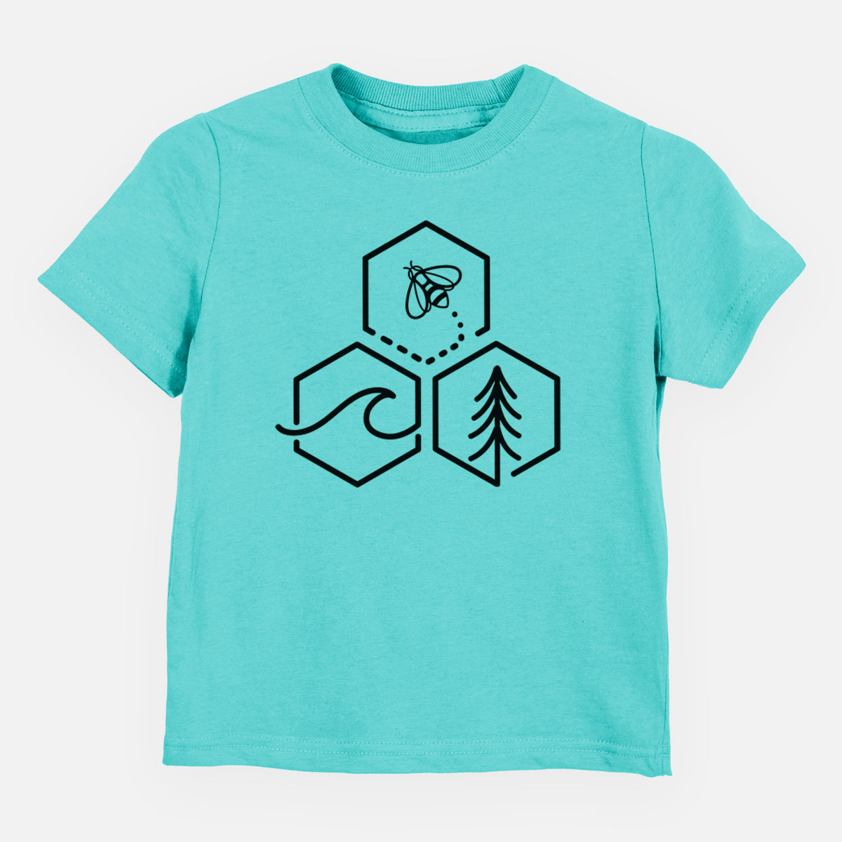 Caribbean blue toddler t-shirt laid flat, printed with a black line art design of three hexagons holding a bee, an ocean wave and a pine tree.