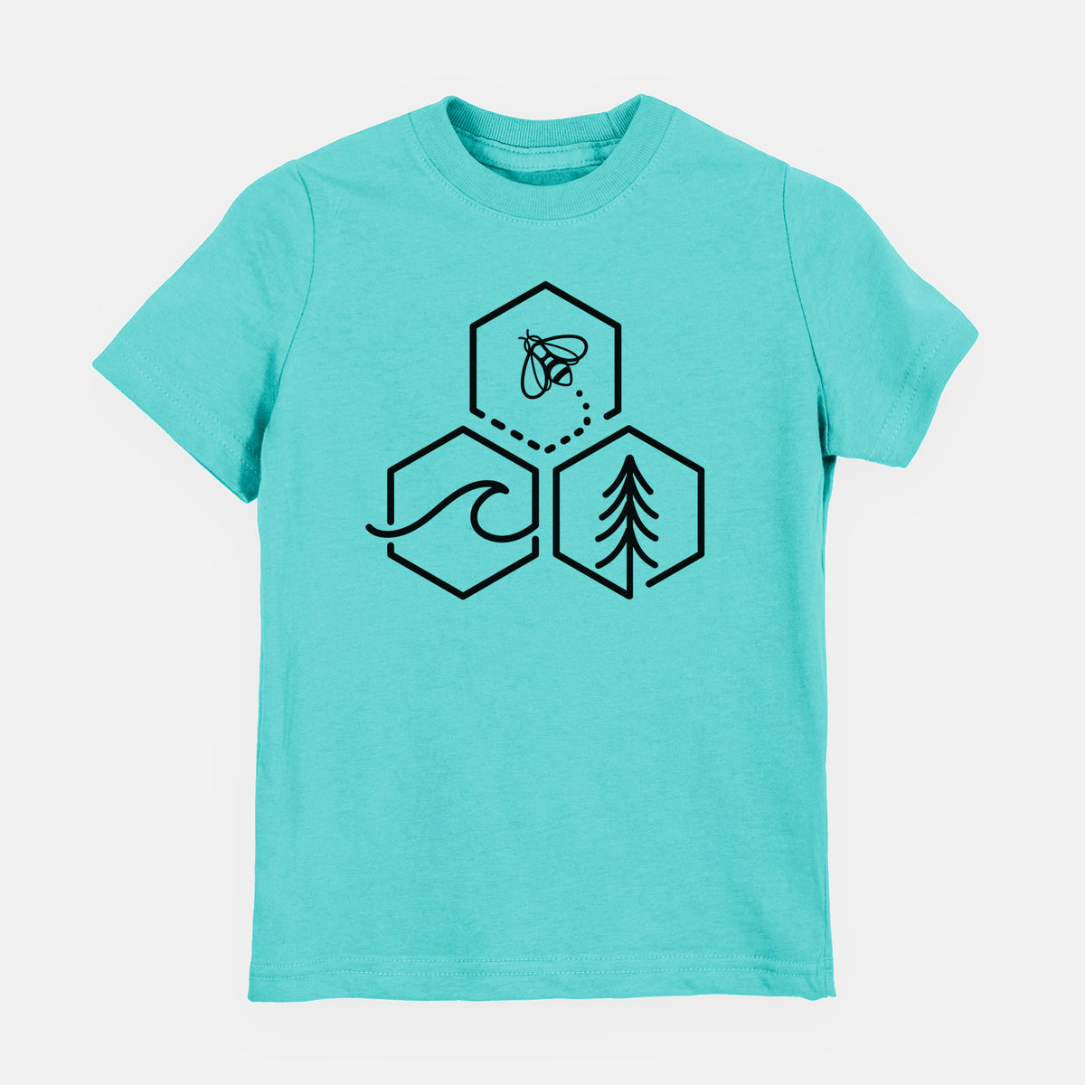 Caribbean blue youth t-shirt laid flat, printed with a black line art design of three hexagons holding a bee, an ocean wave and a pine tree.