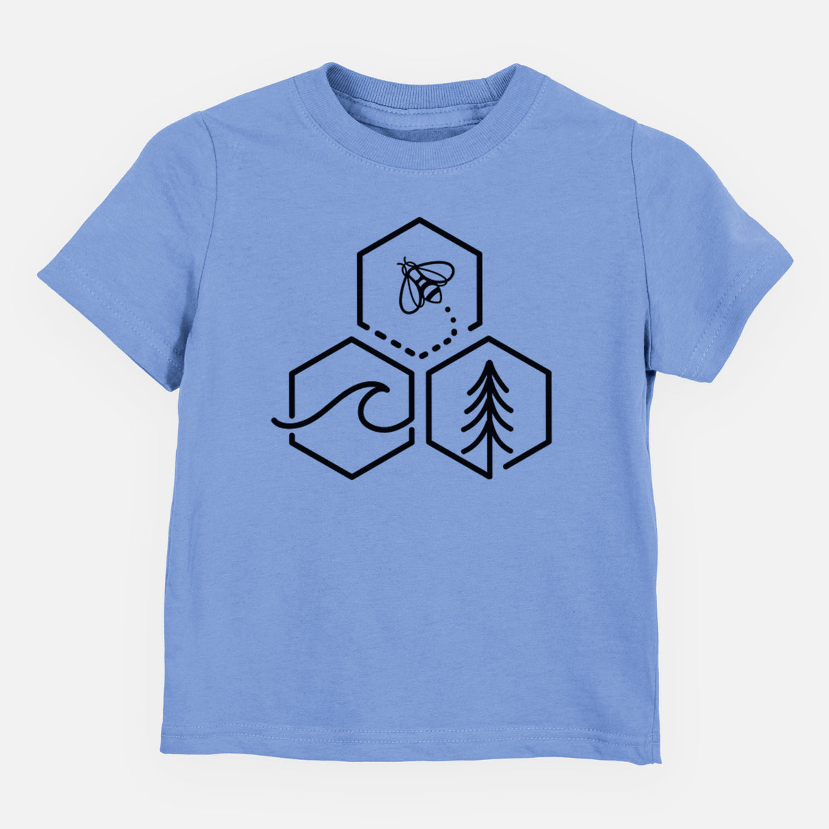 Carolina blue toddler t-shirt laid flat, printed with a black line art design of three hexagons holding a bee, an ocean wave and a pine tree.