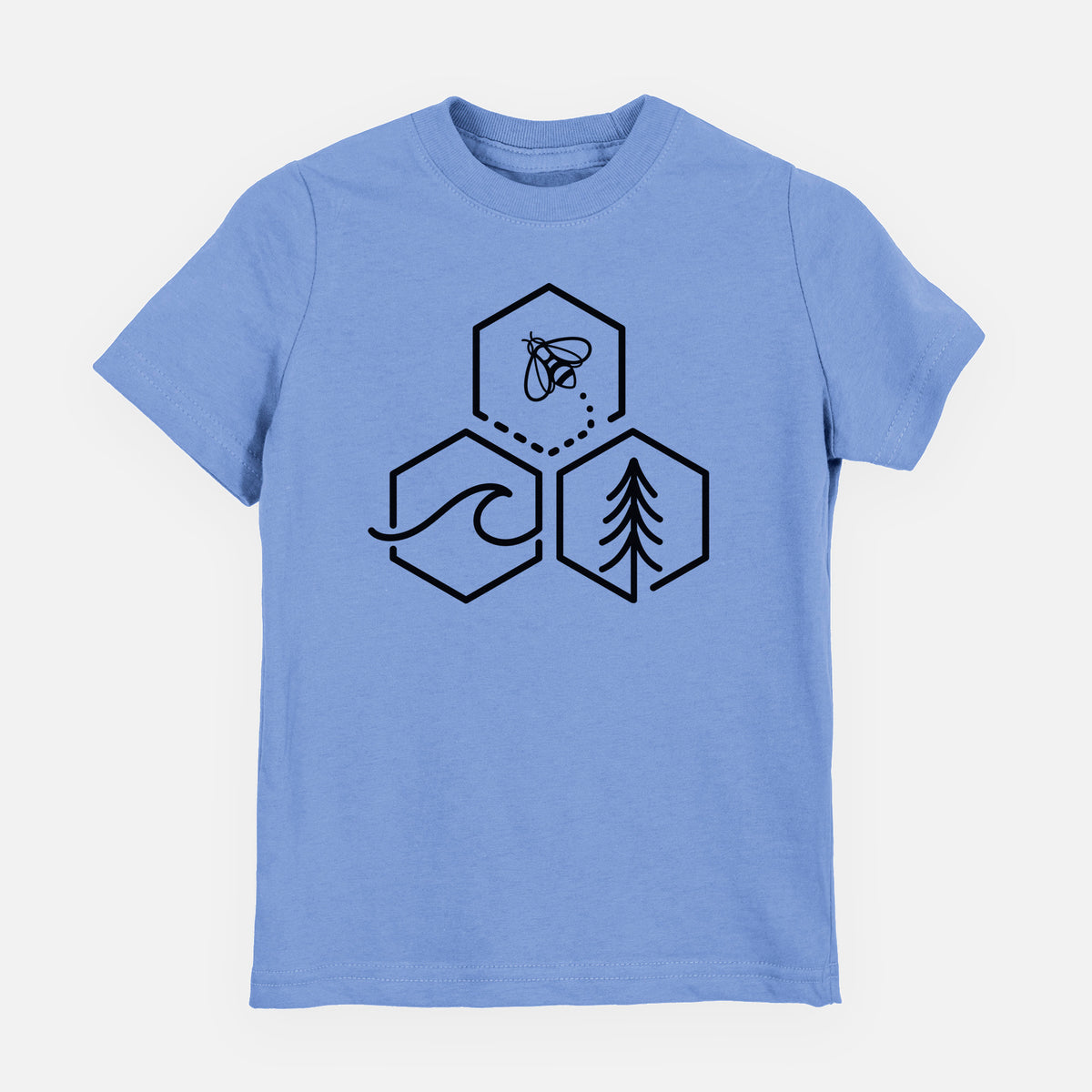Carolina blue youth t-shirt laid flat, printed with a black line art design of three hexagons holding a bee, an ocean wave and a pine tree.