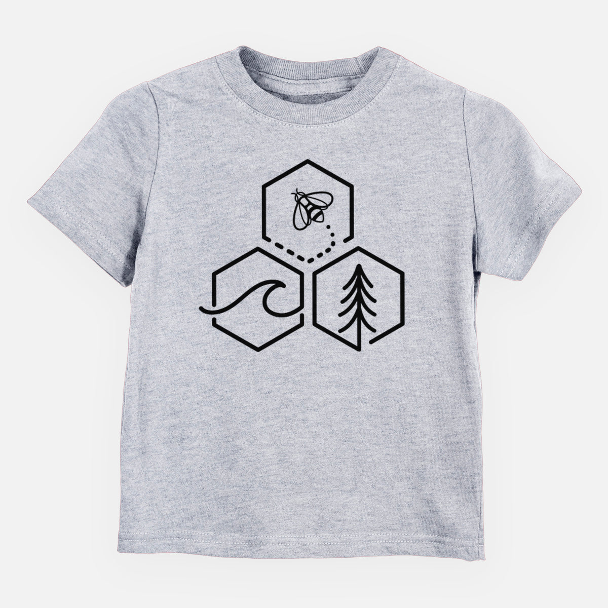 Heather grey toddler t-shirt laid flat, printed with a black line art design of three hexagons holding a bee, an ocean wave and a pine tree.