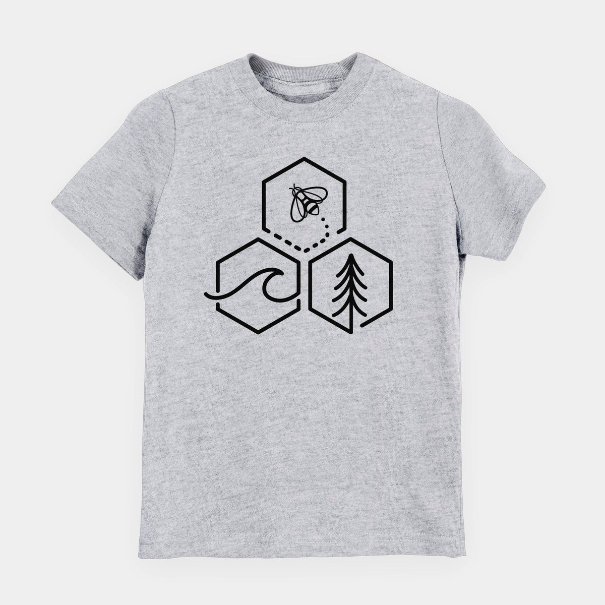 Heather grey youth t-shirt laid flat, printed with a black line art design of three hexagons holding a bee, an ocean wave and a pine tree.