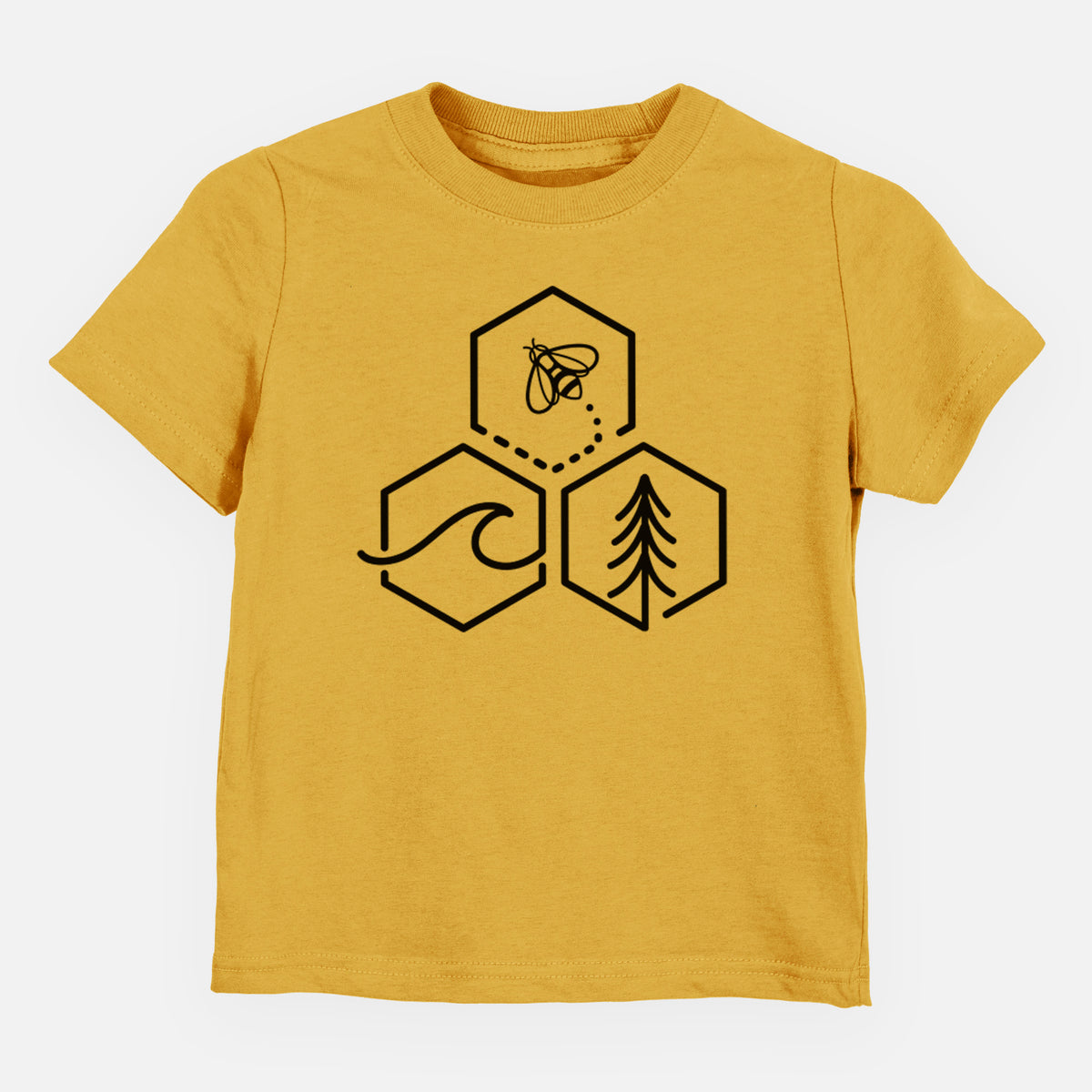 Honeycomb yellow toddler t-shirt laid flat, printed with a black line art design of three hexagons holding a bee, an ocean wave and a pine tree.