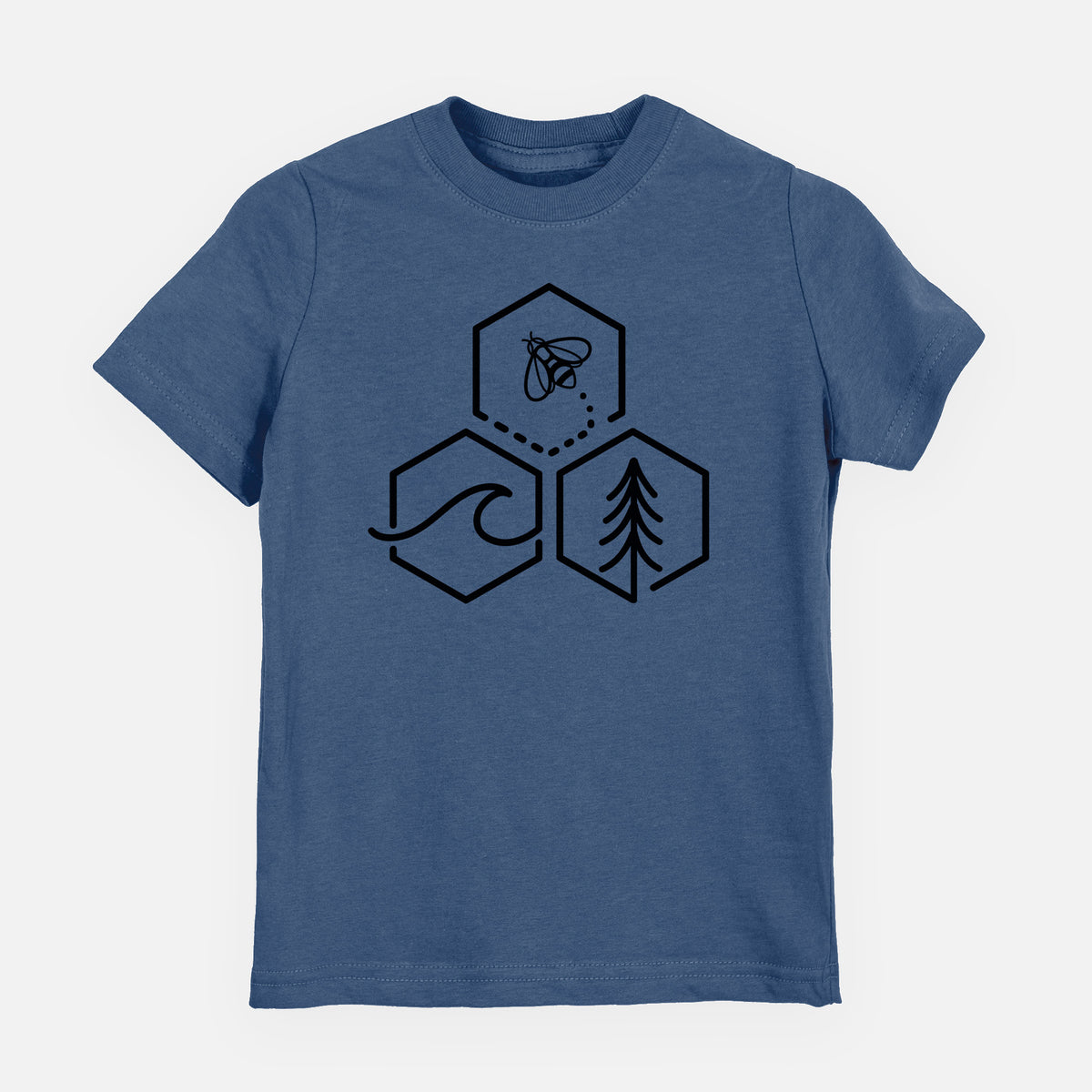 Indigo blue youth t-shirt laid flat, printed with a black line art design of three hexagons holding a bee, an ocean wave and a pine tree.