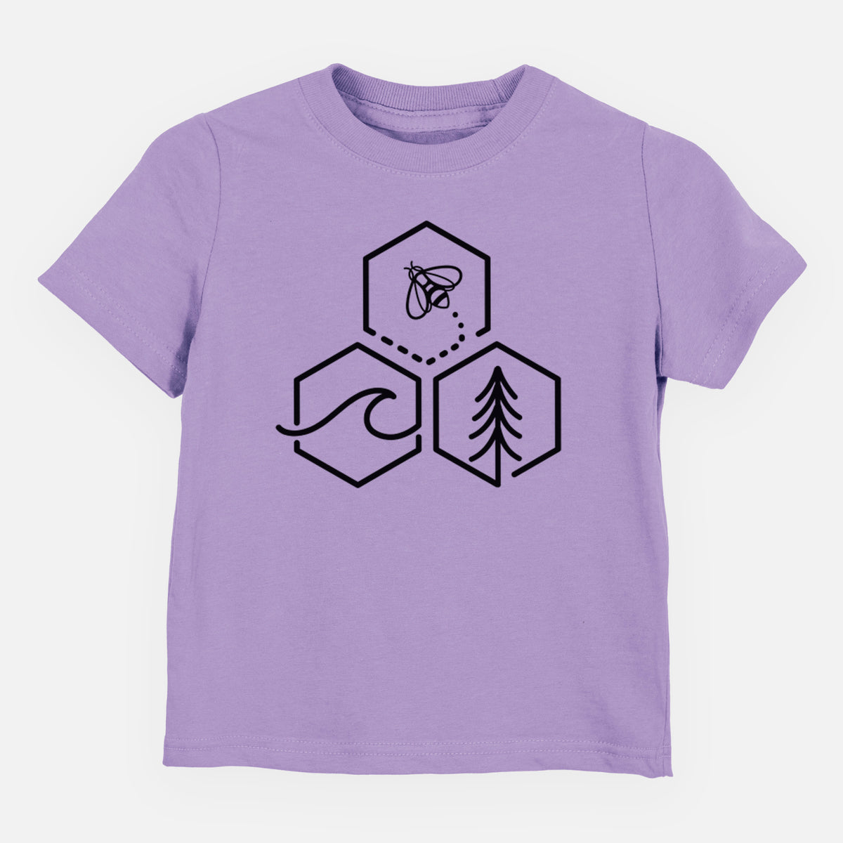 Lavender toddler t-shirt laid flat, printed with a black line art design of three hexagons holding a bee, an ocean wave and a pine tree.