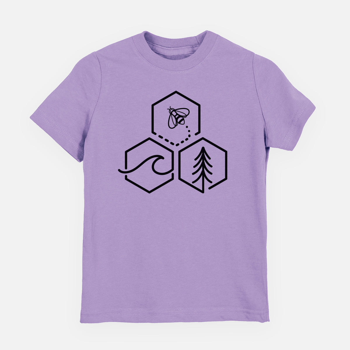 Lavender youth t-shirt laid flat, printed with a black line art design of three hexagons holding a bee, an ocean wave and a pine tree.