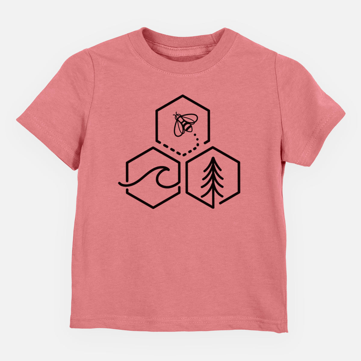 Mauve pink toddler t-shirt laid flat, printed with a black line art design of three hexagons holding a bee, an ocean wave and a pine tree.