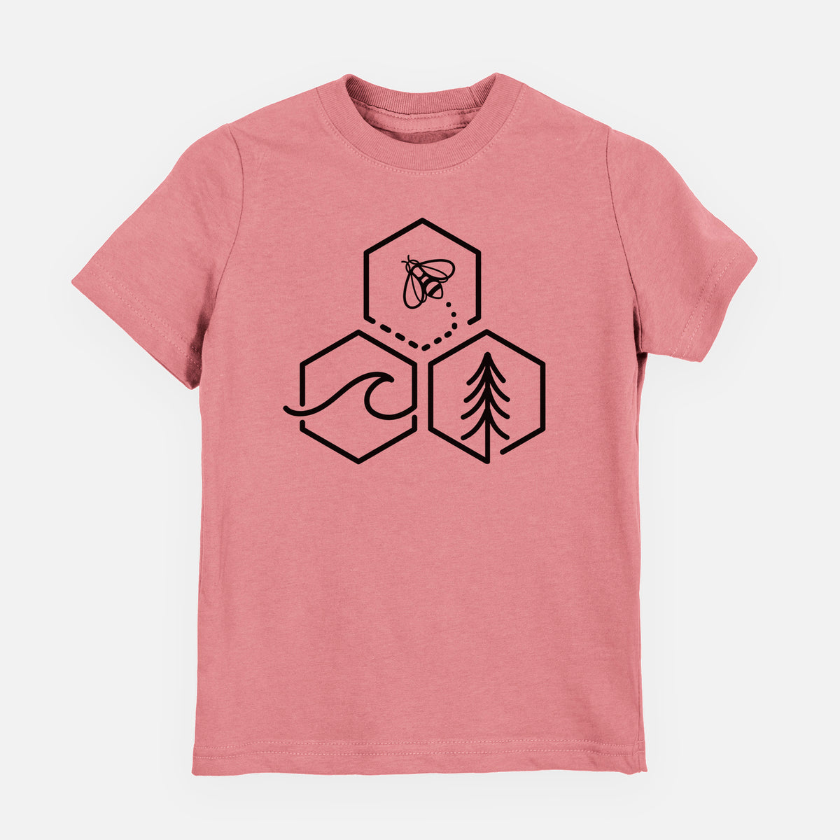 Mauve pink youth t-shirt laid flat, printed with a black line art design of three hexagons holding a bee, an ocean wave and a pine tree.