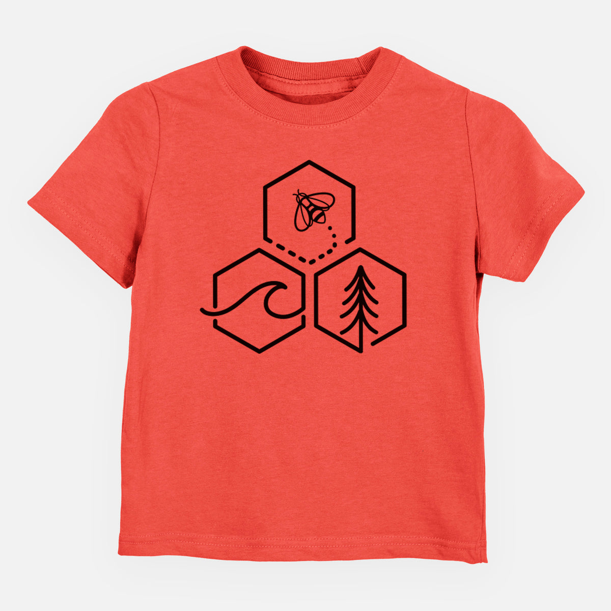 Passionfruit pink toddler t-shirt laid flat, printed with a black line art design of three hexagons holding a bee, an ocean wave and a pine tree.